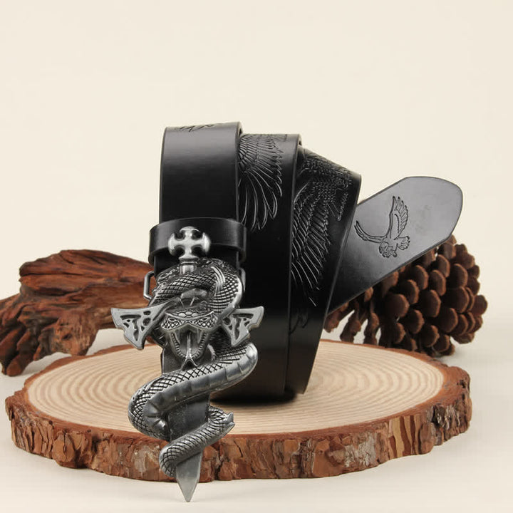 Men's Silver 3D The Dagger & The Cobra Buckle Leather Belt - Black Eagle - 42 - image 4