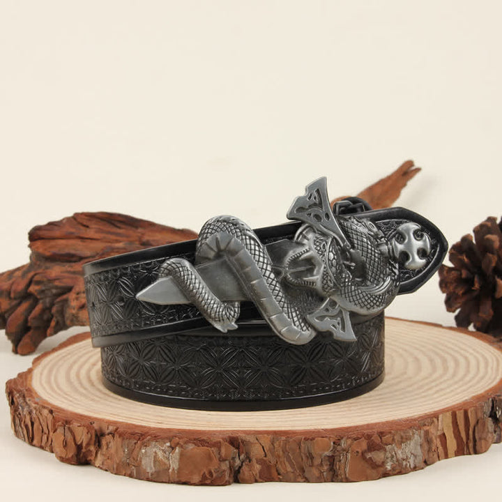 Men's Silver 3D The Dagger & The Cobra Buckle Leather Belt - Black Weave - 42 - image 1