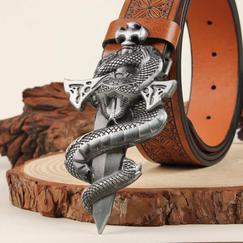 Men's Silver 3D The Dagger & The Cobra Buckle Leather Belt - image 3