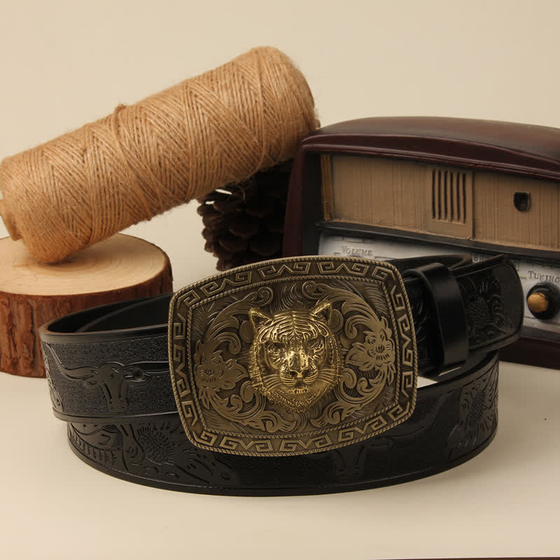 Men's Tiger Head Buckle Carved Floral Buckle Leather Belt - Black Bull - 42 - image 4