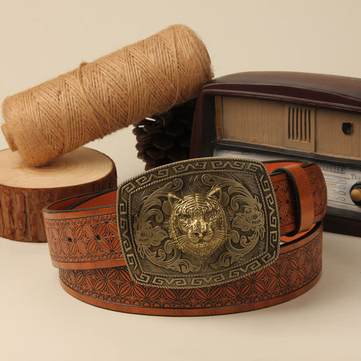Men's Tiger Head Buckle Carved Floral Buckle Leather Belt - Dark Orange Weave - 42 - image 5