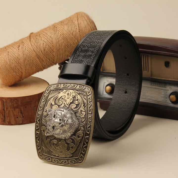 Men's Tiger Head Buckle Carved Floral Buckle Leather Belt - image 3