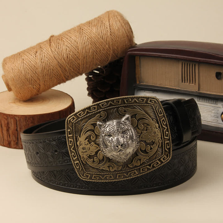 Men's Tiger Head Buckle Carved Floral Buckle Leather Belt - Black Weave - 42 - image 1