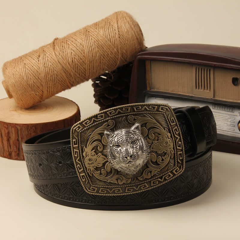 Men's Tiger Head Buckle Carved Floral Buckle Leather Belt - Black Weave - 42 - image 1