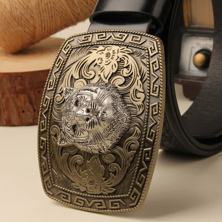 Men's Tiger Head Buckle Carved Floral Buckle Leather Belt - image 2