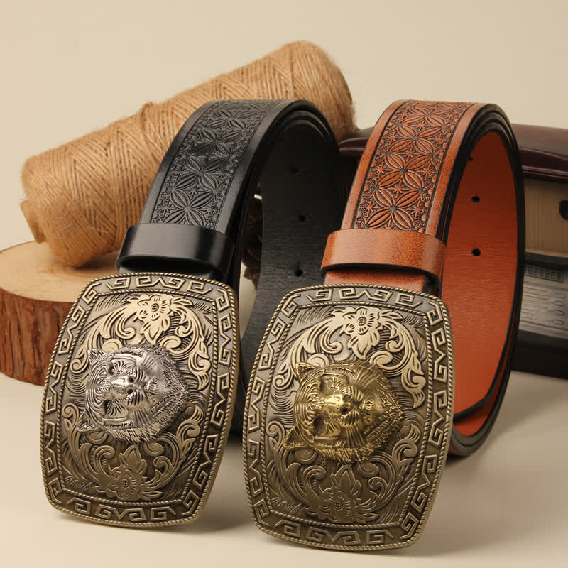Men's Tiger Head Buckle Carved Floral Buckle Leather Belt - image 0