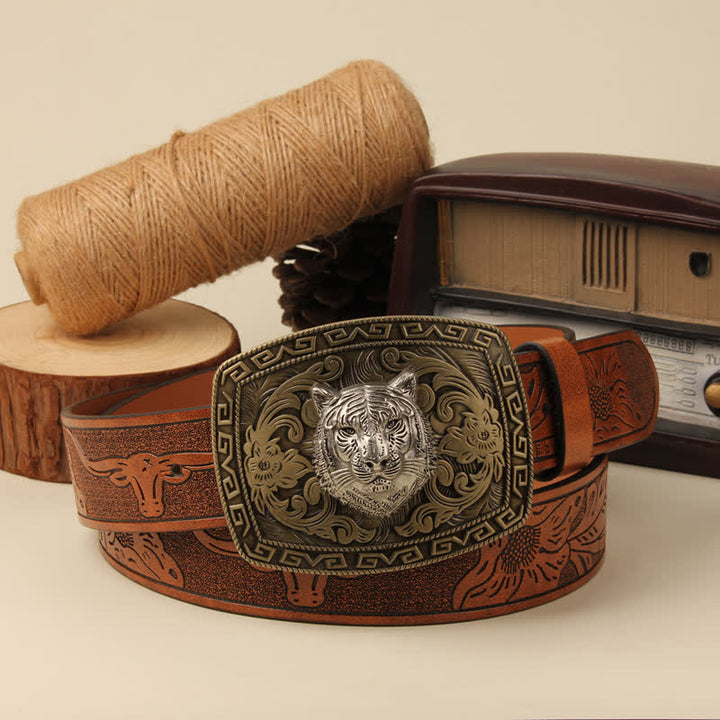 Men's Tiger Head Buckle Carved Floral Buckle Leather Belt - Dark Orange Bull - 42 - image 6