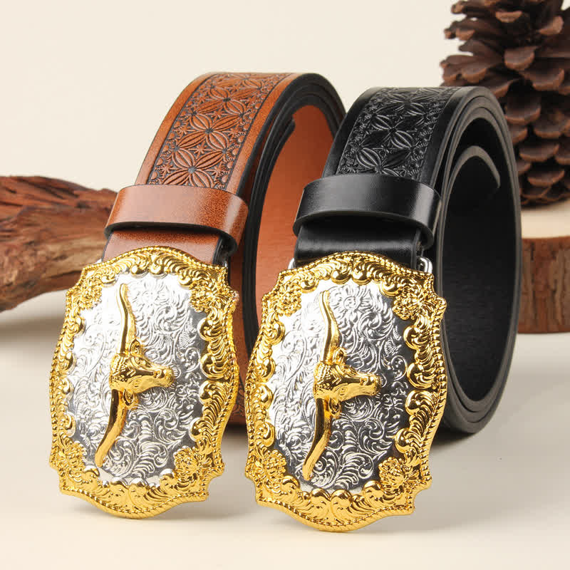 Gold & Silver Western Bull Buckle Leather Belt - image 0
