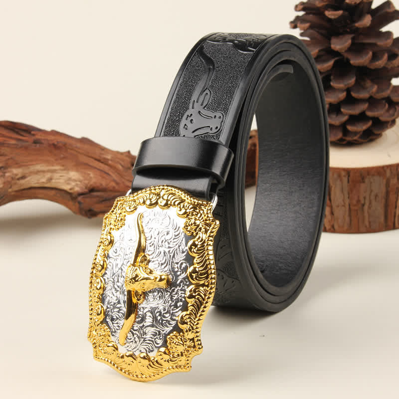 Gold & Silver Western Bull Buckle Leather Belt - image 5