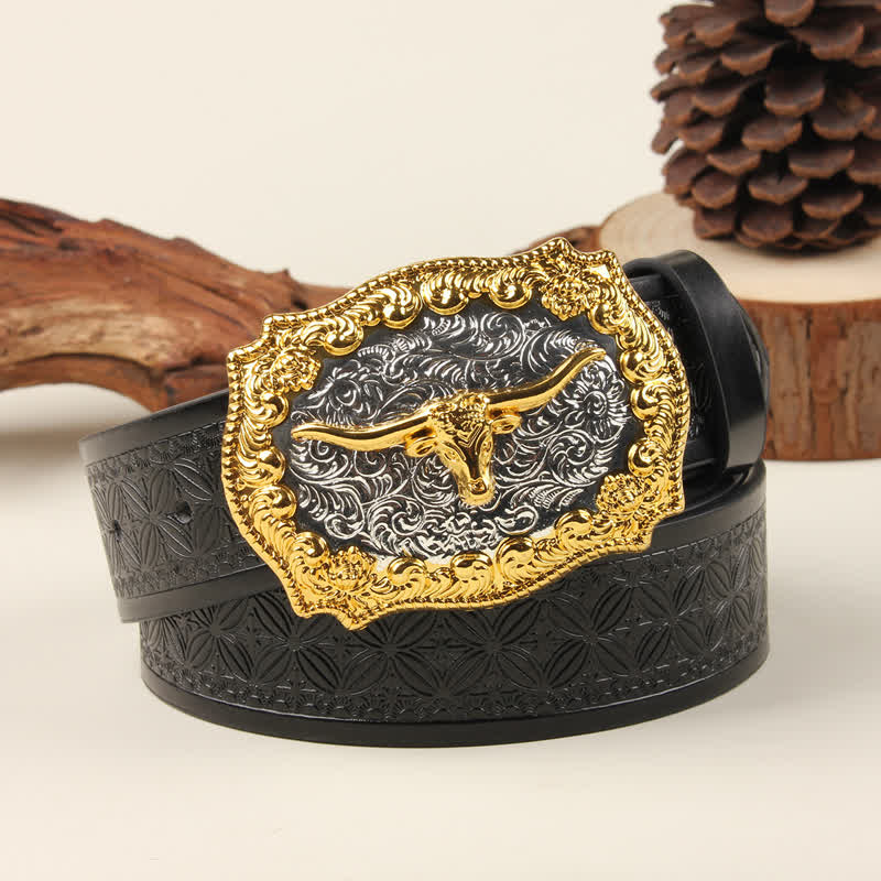 Gold & Silver Western Bull Buckle Leather Belt - Black Weave - 42 - image 1
