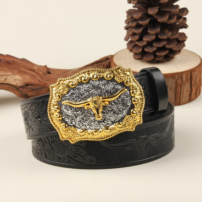 Gold & Silver Western Bull Buckle Leather Belt - Black Bull - 42 - image 4