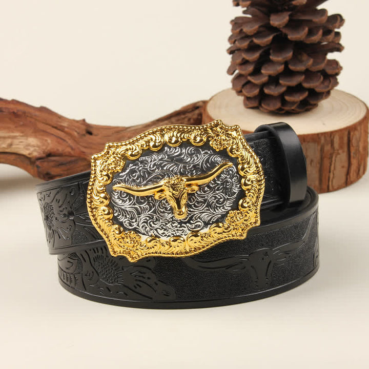 Gold & Silver Western Bull Buckle Leather Belt - Black Bull - 42 - image 4