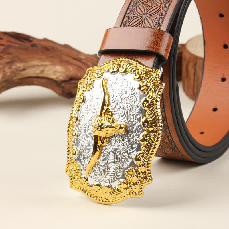 Gold & Silver Western Bull Buckle Leather Belt - image 3