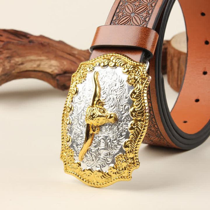 Gold & Silver Western Bull Buckle Leather Belt - image 3