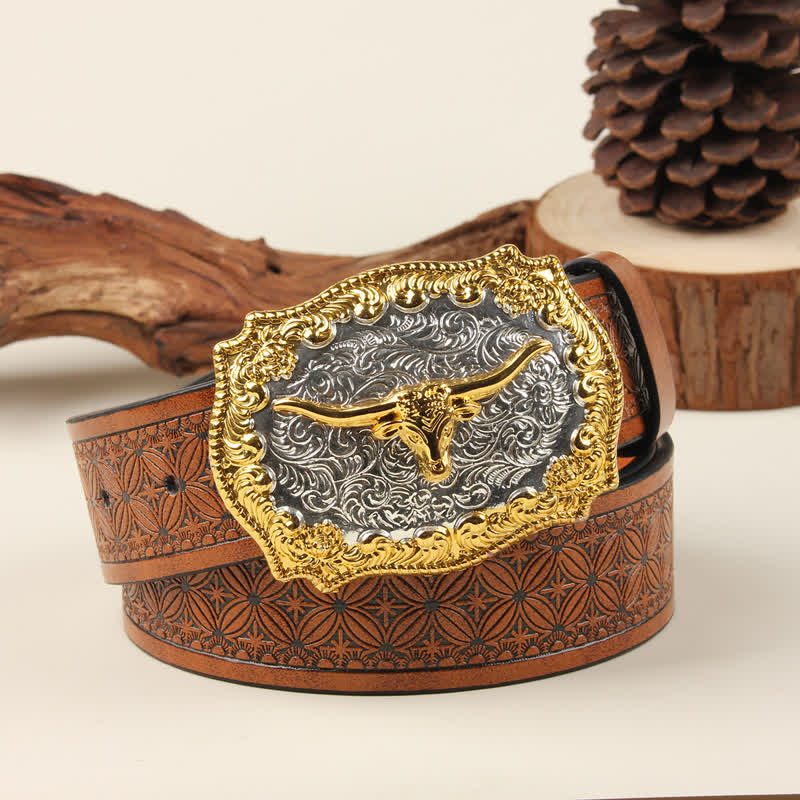 Gold & Silver Western Bull Buckle Leather Belt - Dark Orange Weave - 42 - image 2
