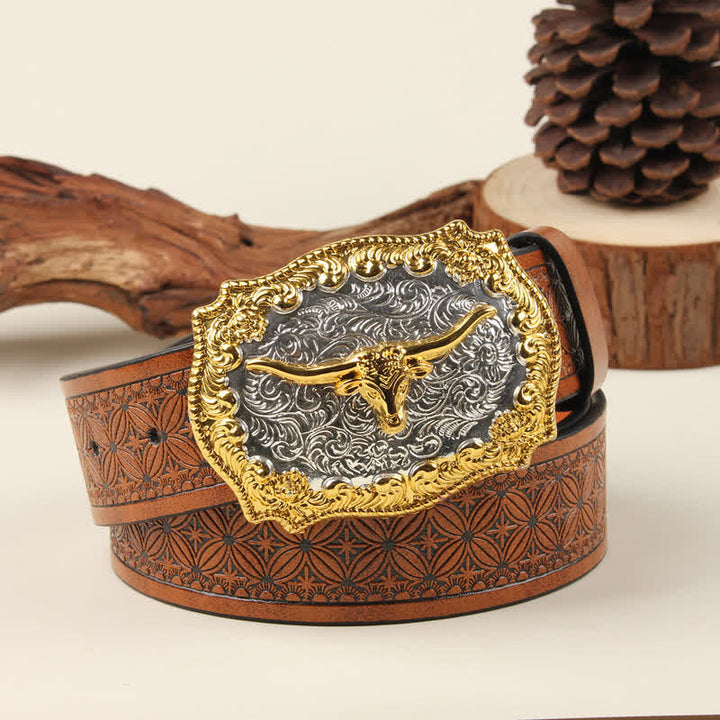 Gold & Silver Western Bull Buckle Leather Belt - Dark Orange Weave - 42 - image 2