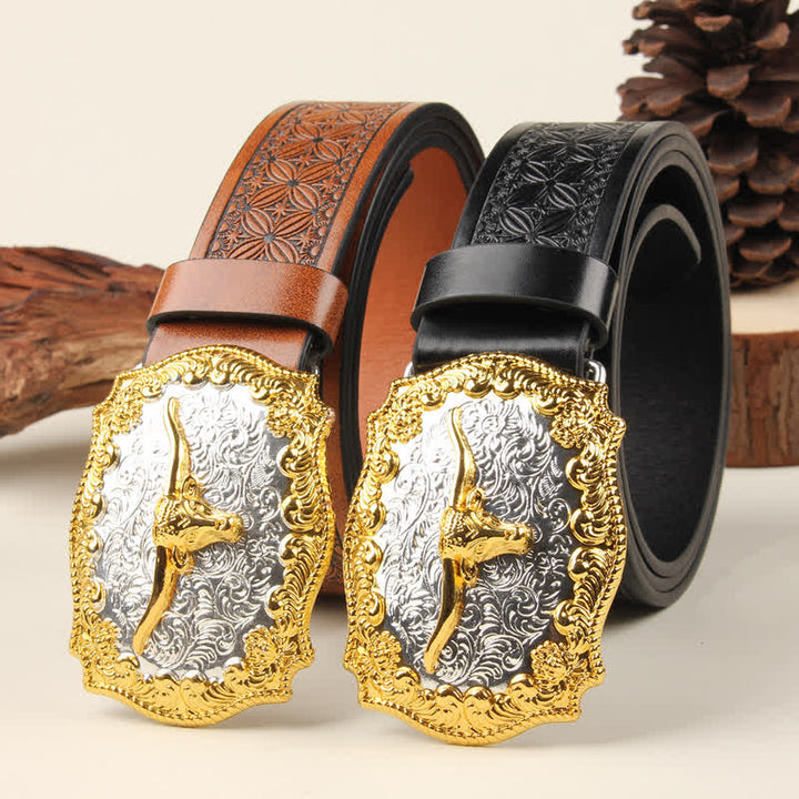 Gold & Silver Western Bull Buckle Leather Belt - image 0