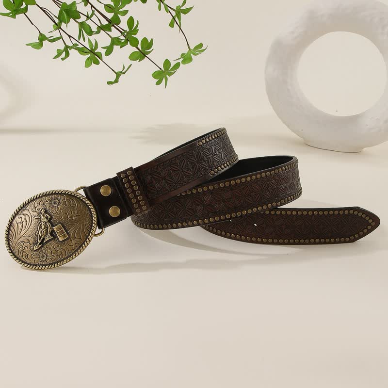 Western Style Rivet Embossed Weave Pattern Leather Belt - image 1