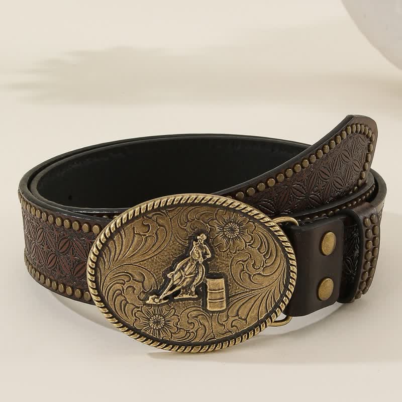 Western Style Rivet Embossed Weave Pattern Leather Belt - Dark Brown - 38 - image 0