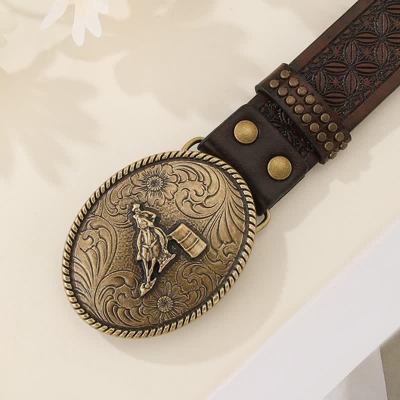 Western Style Rivet Embossed Weave Pattern Leather Belt - image 3