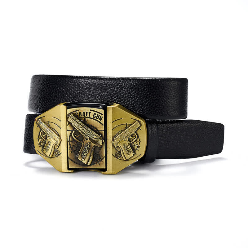 Men's Triple Guns Relief Leather Belt With Hidden Kerosene Lighter - Gold - 46 - image 0