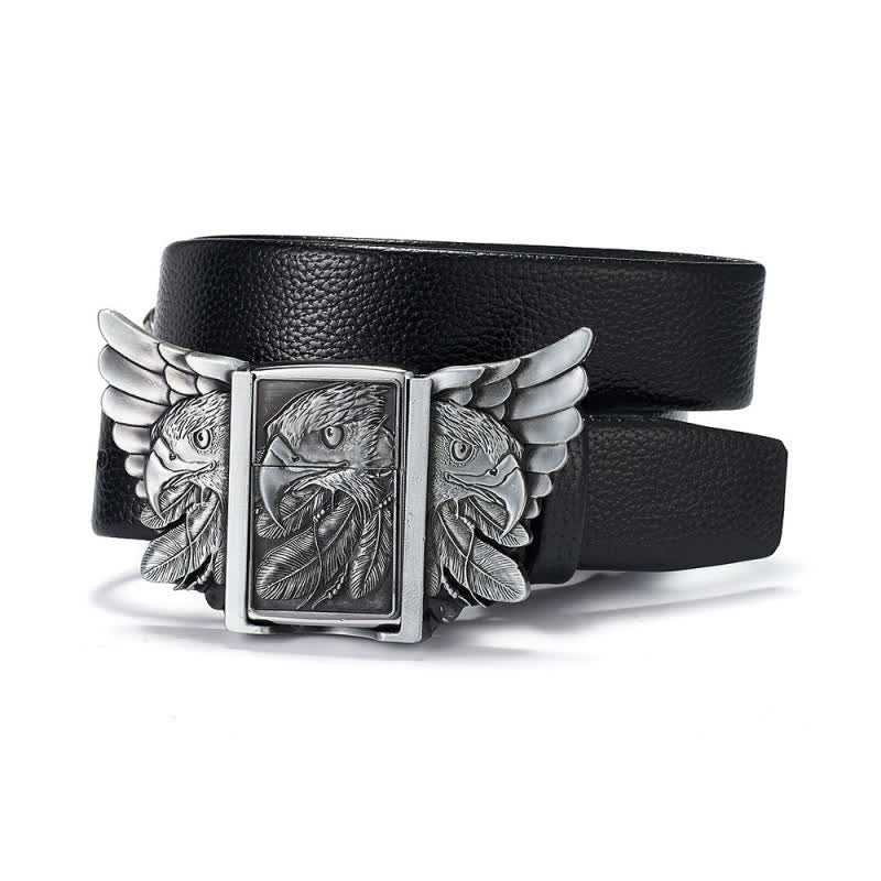 Men's Eagle Wings Relief Leather Belt With Hidden Kerosene Lighter - Silver - 46 - image 0