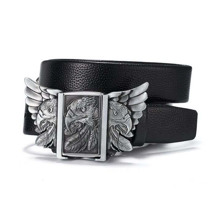 Men's Eagle Wings Relief Leather Belt With Hidden Kerosene Lighter - Silver - 46 - image 0