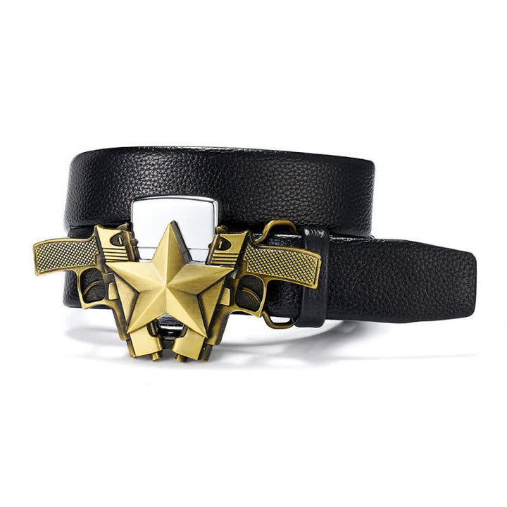 Men's Gold Pistols Star Leather Belt With Hidden Kerosene Lighter - Gold - 46 - image 0