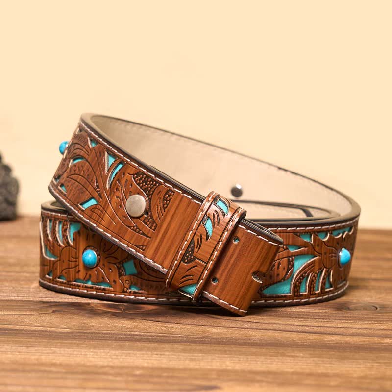 Men's DIY Leather Belt - Turquoise Carved Belt - 42 - image 1