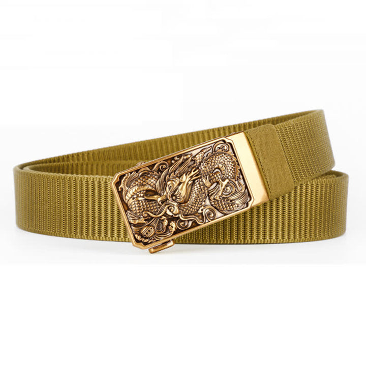 Men's Gold Coiled Dragon Automatic Buckle Nylon Belt - Goldenrod - 42 - image 8