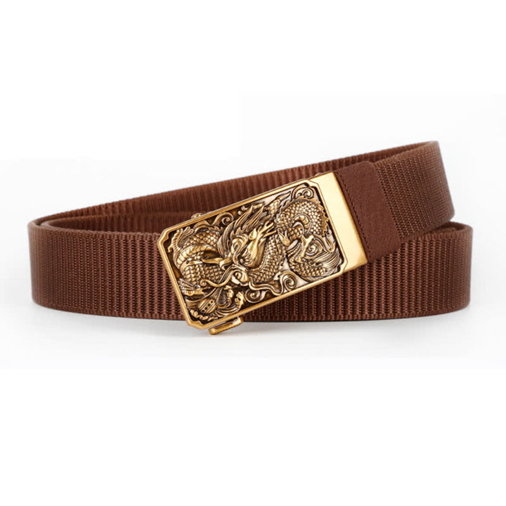 Men's Gold Coiled Dragon Automatic Buckle Nylon Belt - Coffee - 42 - image 3