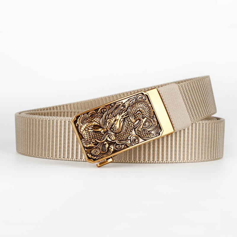 Men's Gold Coiled Dragon Automatic Buckle Nylon Belt - Khaki - 42 - image 4