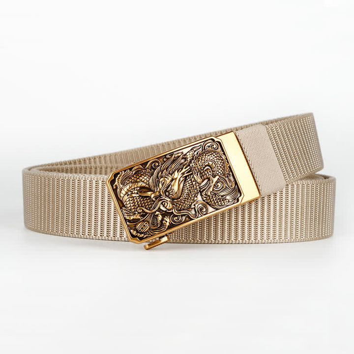 Men's Gold Coiled Dragon Automatic Buckle Nylon Belt - Khaki - 42 - image 4