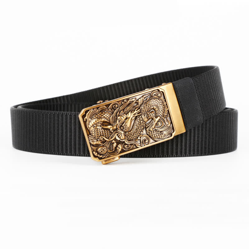 Men's Gold Coiled Dragon Automatic Buckle Nylon Belt - Black - 42 - image 0