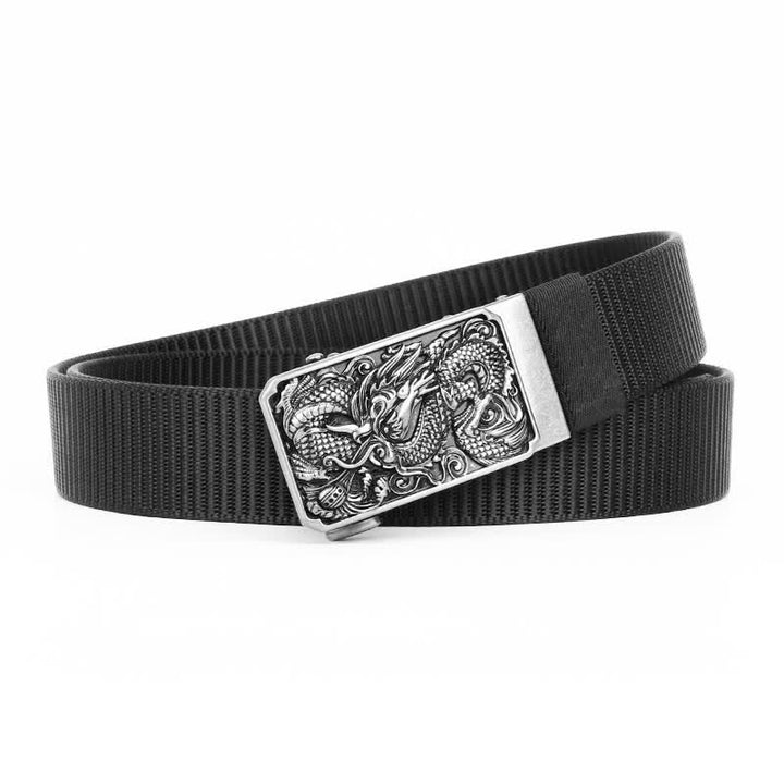 Men's Silver Coiled Dragon Automatic Buckle Nylon Belt - Black - 42 - image 0