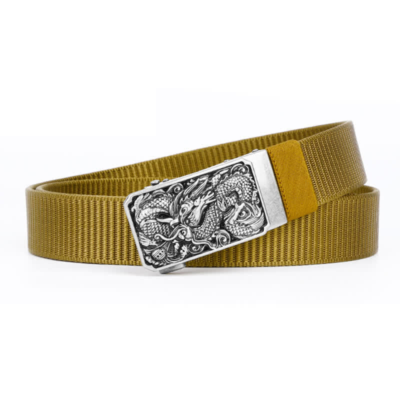 Men's Silver Coiled Dragon Automatic Buckle Nylon Belt - Goldenrod - 42 - image 9