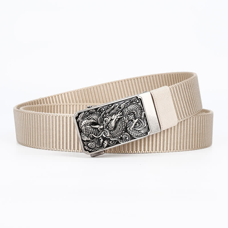 Men's Silver Coiled Dragon Automatic Buckle Nylon Belt - Khaki - 42 - image 5