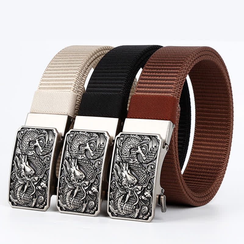 Men's Silver Coiled Dragon Automatic Buckle Nylon Belt - image 1