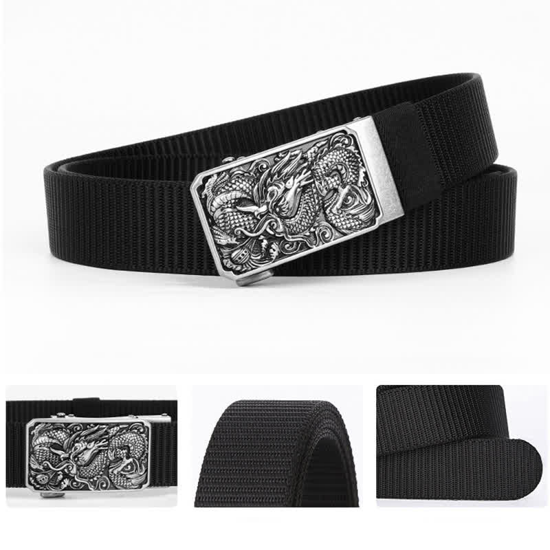 Men's Silver Coiled Dragon Automatic Buckle Nylon Belt - image 3