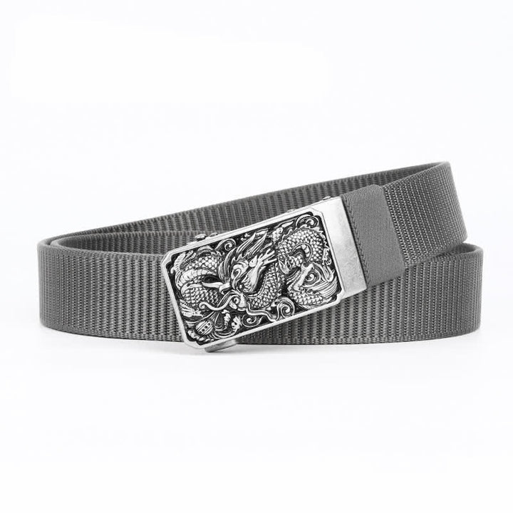 Men's Silver Coiled Dragon Automatic Buckle Nylon Belt - Gray - 42 - image 6
