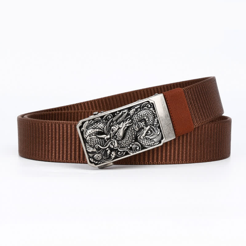 Men's Silver Coiled Dragon Automatic Buckle Nylon Belt - Coffee - 42 - image 4