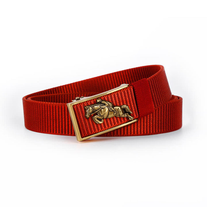 Men's Casual Horse Riding Automatic Buckle Nylon Belt - Red / Gold - 42 - image 12