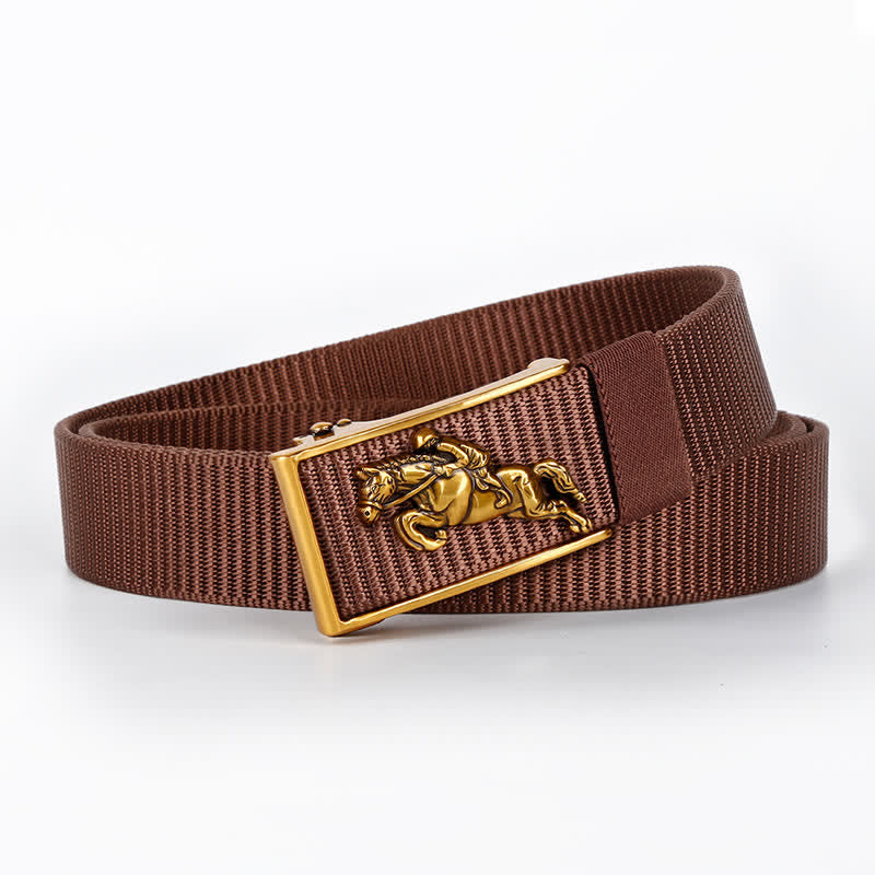 Men's Casual Horse Riding Automatic Buckle Nylon Belt - Coffee / Gold - 42 - image 8