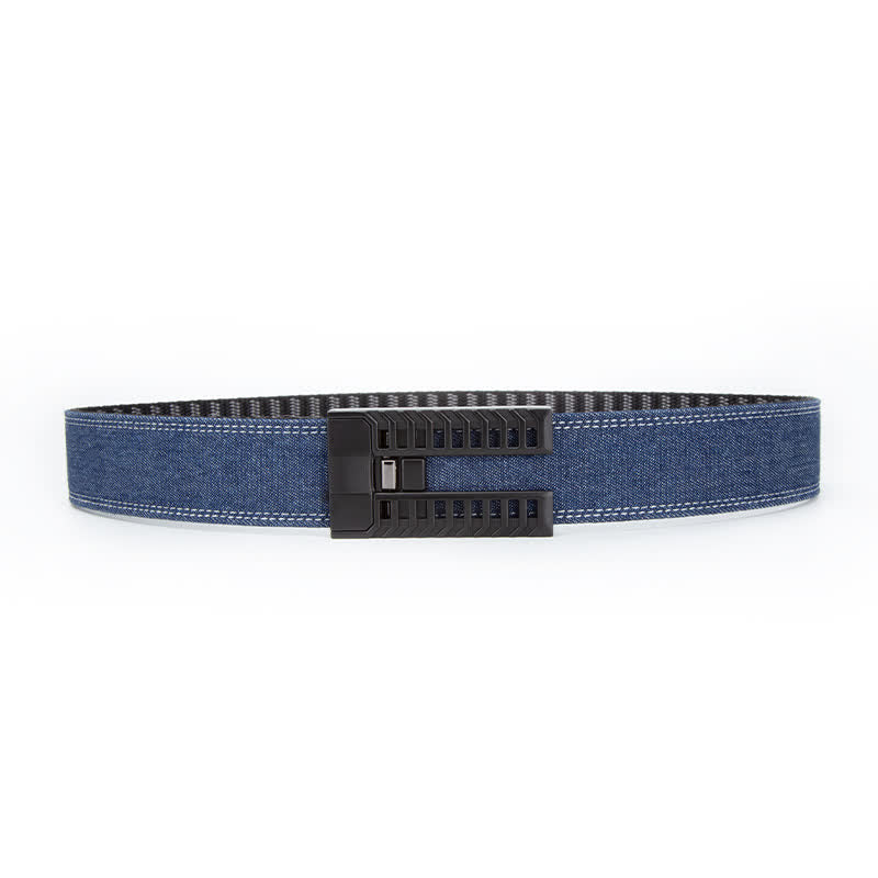 Men's Adjustable Automatic Buckle Denim Fabric Belt - Dark Blue / Black - 38 - image 7