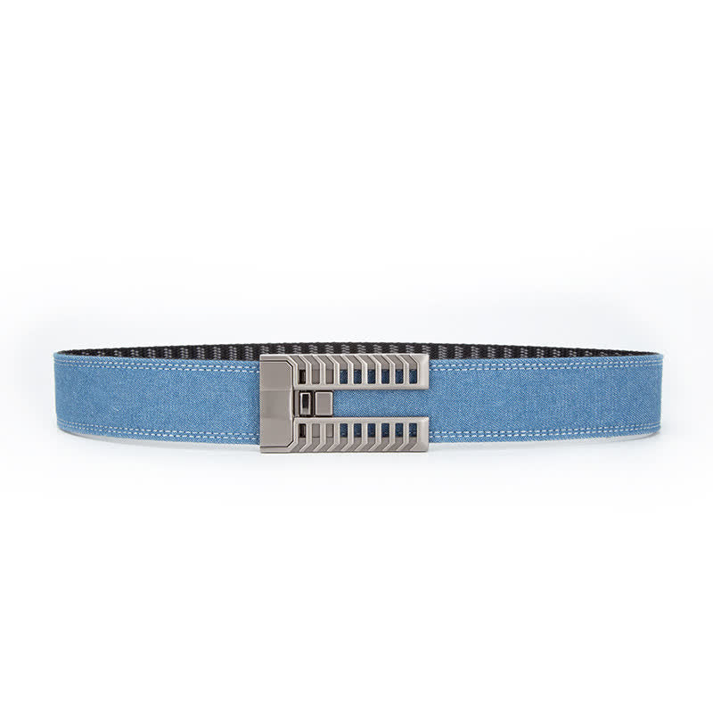 Men's Adjustable Automatic Buckle Denim Fabric Belt - Light Blue / Silver - 38 - image 10