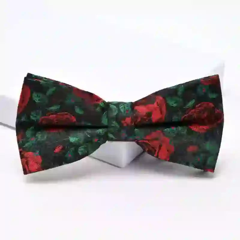 Men's Green Leaves & Red Rose Print Bow Tie Necktie - Bow Tie + Pocket Square - image 7