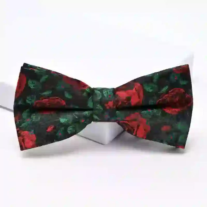 Men's Green Leaves & Red Rose Print Bow Tie Necktie - Bow Tie + Pocket Square - image 7