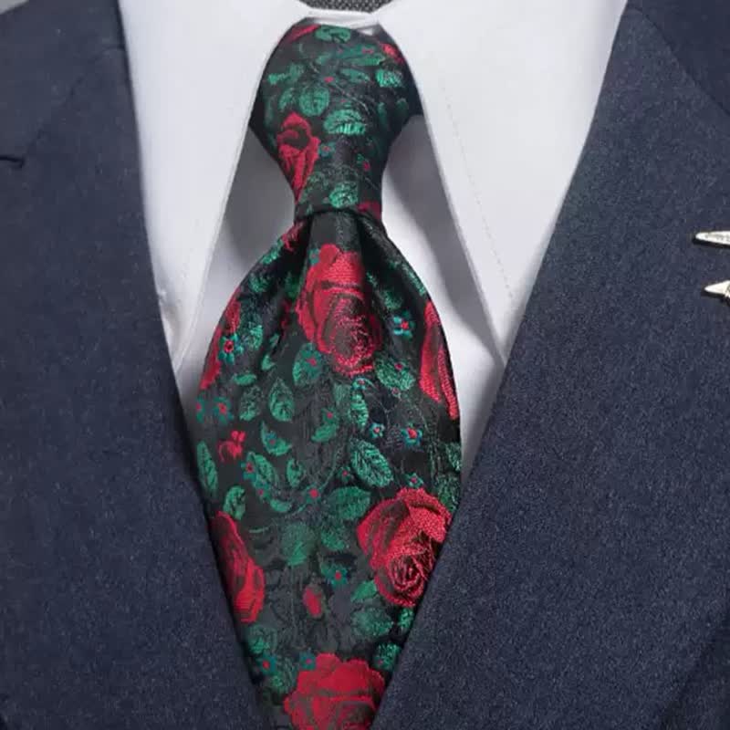 Men's Green Leaves & Red Rose Print Bow Tie Necktie - Necktie + Pocket Square - image 0