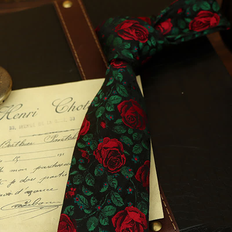 Men's Green Leaves & Red Rose Print Bow Tie Necktie - image 1