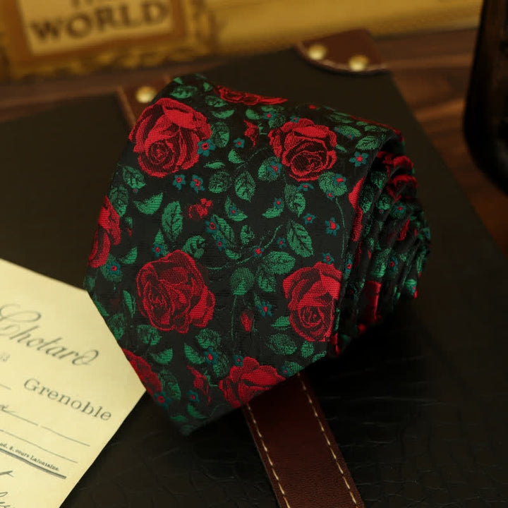 Men's Green Leaves & Red Rose Print Bow Tie Necktie - image 3